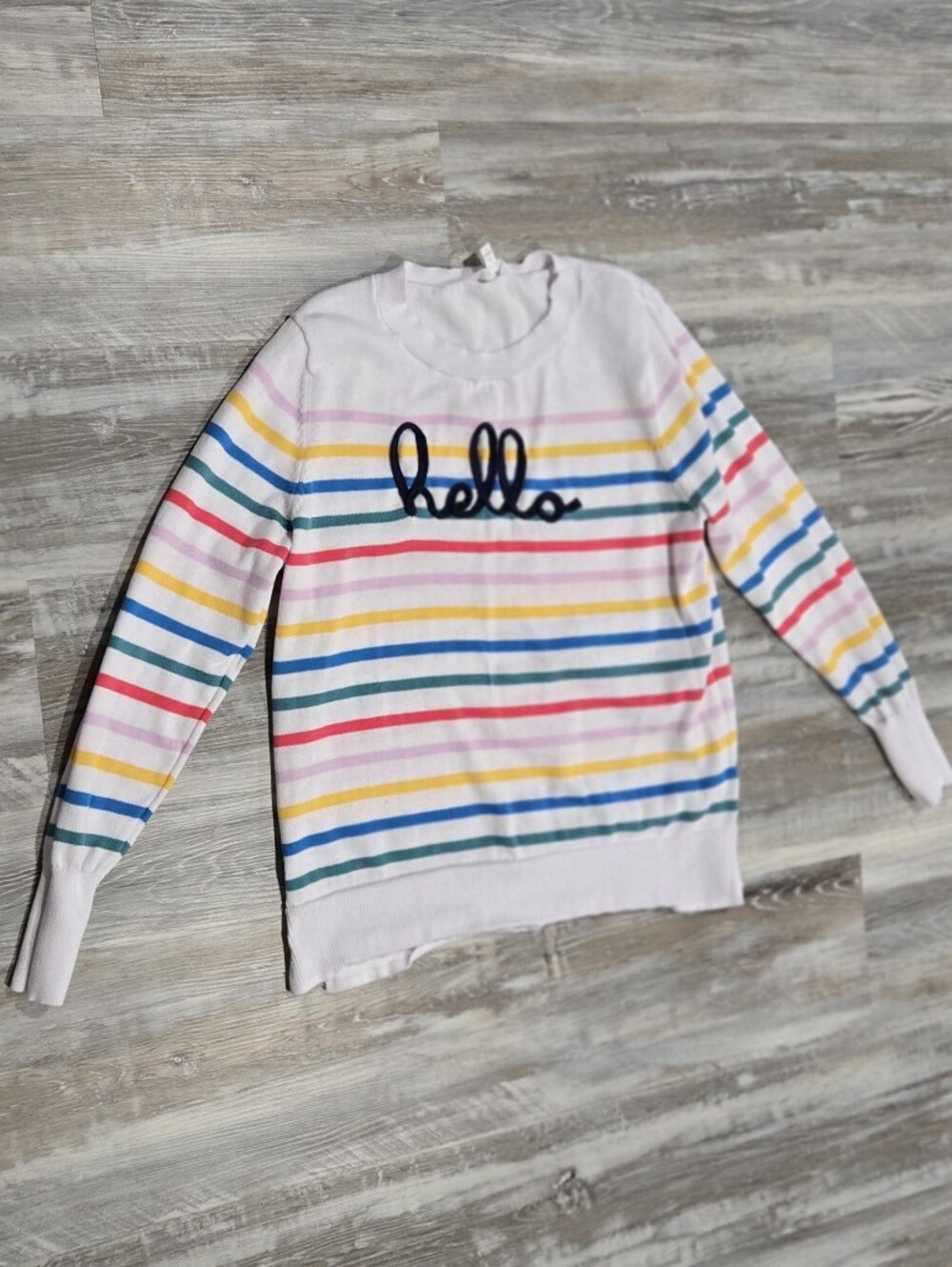 Time and Tru White Rainbow Stripe 'hello' Long-Sleeve Top